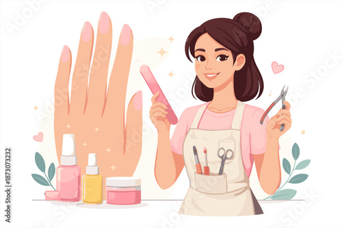 Young asian female manicurist with tools and nail products