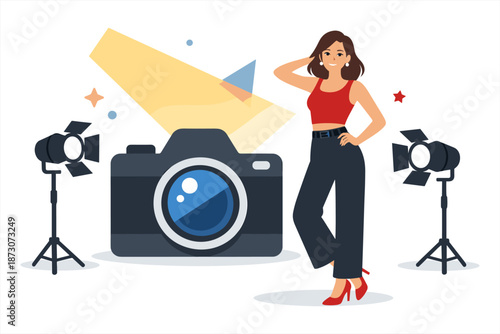 Smiling young hispanic female photographer with camera and studio lights