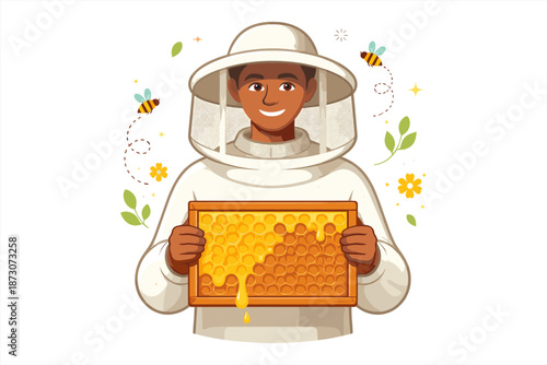 Male beekeeper holding honeycomb smiling with bees and flowers