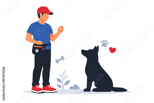 Male dog trainer with black dog silhouette and training accessories