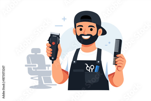 Young hispanic male barber holding clippers and comb in barbershop