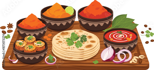 Indian meal on wooden platter, chapati stack, curry bowls, fried snacks, spice garnish, traditional cuisine, vector food illustration