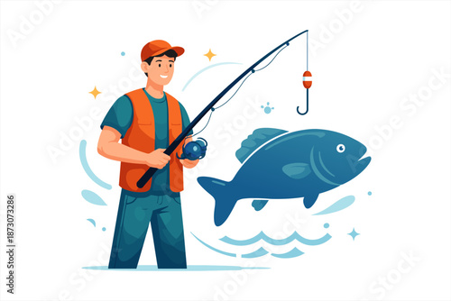 Young hispanic male catching fish with fishing rod and blue fish illustration