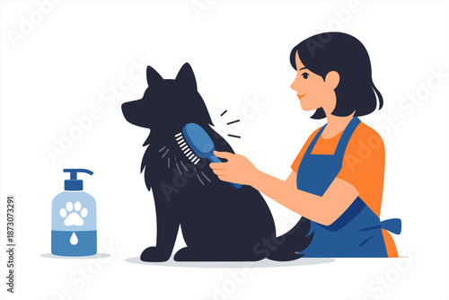 Female groomer brushing black dog with blue brush and pet shampoo bottle