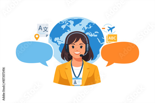 Female asian interpreter with headset in front of globe with translation icons