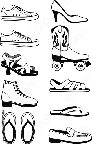 Various types of shoes and sandals sneakers heel roller