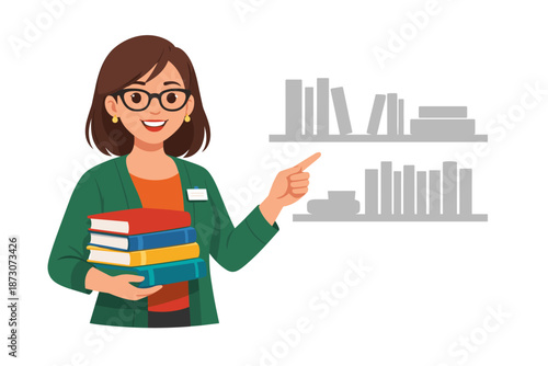 Young caucasian female librarian holding books in a library setting
