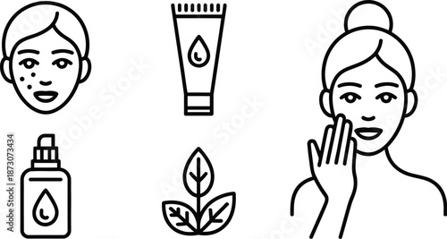 Woman applying skincare products with plant and acne face blemishes