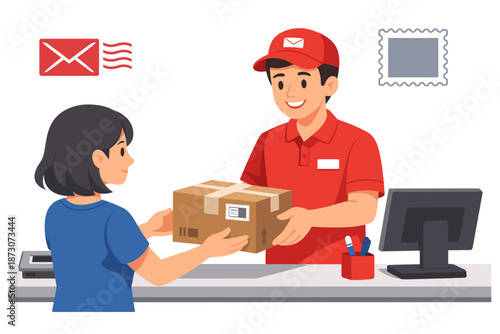 Asian female customer receiving package from young male postal worker at counter