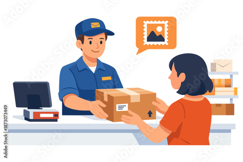Female customer receiving package from male postal worker at service counter