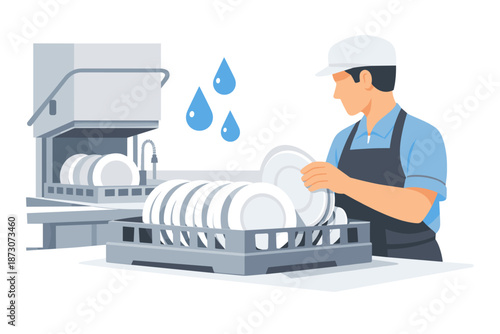 Male worker operating commercial dishwasher in kitchen setting