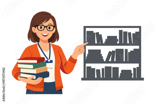 Asian female librarian holding books and pointing at bookshelf