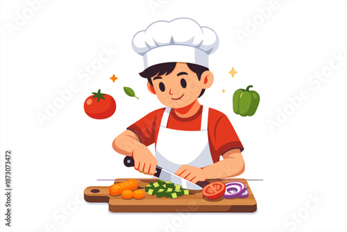 Young male chef cutting vegetables on a wooden board with fresh ingredients