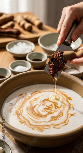 Person preparing a creamy drink with tamarind paste and ingredients.