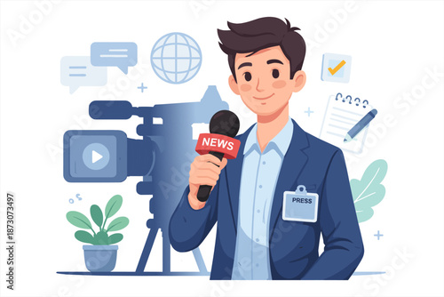 Asian male young journalist reporting news with microphone in studio setting