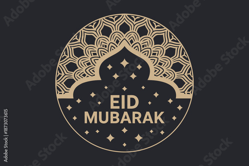 Elegant golden eid mubarak greeting card design featuring a mosque silhouette and intricate islamic patterns on a dark background