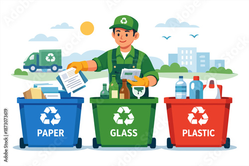 Male worker sorting recycling into paper glass plastic bins in urban setting