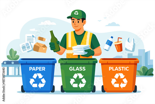 Young hispanic male sorting glass and paper at recycling bins in urban park scene