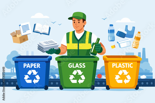 Male worker sorting recyclables into paper, glass, and plastic bins at recycling facility