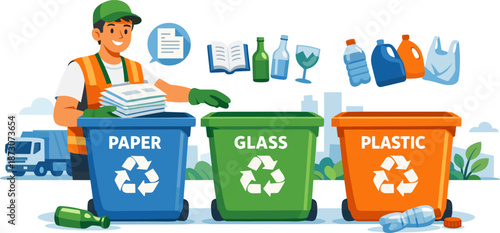 Male recycling worker sorting paper, glass, plastic into bins in urban setting
