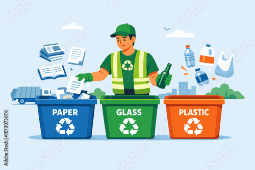 Young asian male sorting recycling bins for paper, glass, and plastic waste management