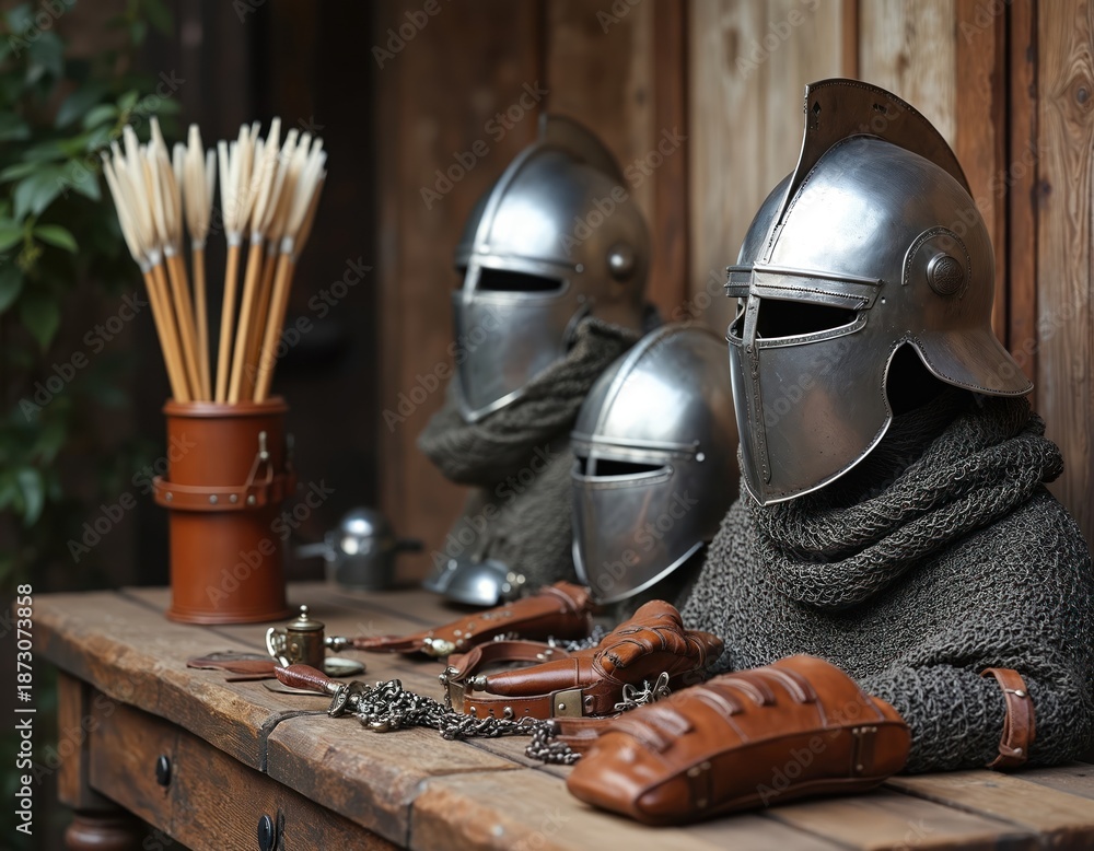 Fototapeta premium Medieval knight armor display on wooden table. Helmets, chainmail shirts, arrows, gloves. Reenactment scene of war times history. Army equipment from middle age battle for historical editorial