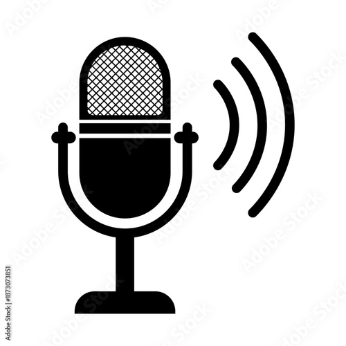 Microphone Icon with Sound Waves, Voice Recognition, Podcast and Audio Recording Symbol Isolated on White Background