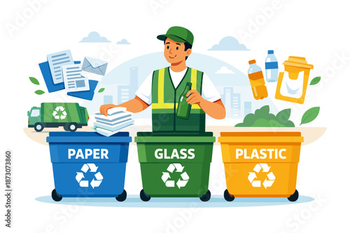 Young hispanic male sorting recyclables into paper, glass, and plastic bins