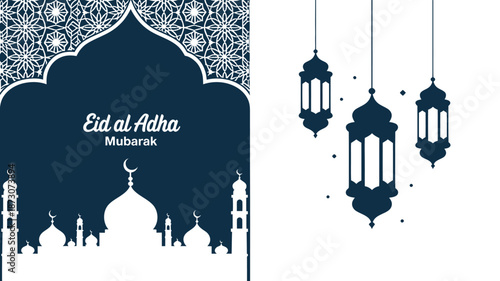 A serene eid al adha mubarak greeting card design featuring a majestic mosque silhouette and elegant hanging lanterns
