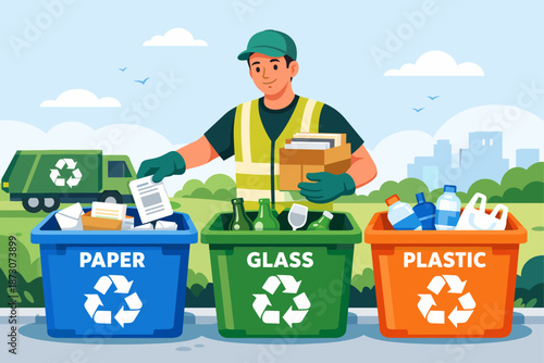 Recycling worker sorting paper, glass, and plastic outdoors