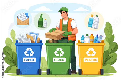 Asian male recycling worker sorting paper, glass, plastic materials outdoors