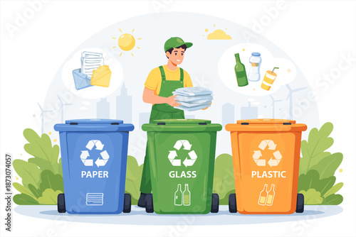 Male waste collector sorting recyclables: paper, glass, plastic, environmental awareness