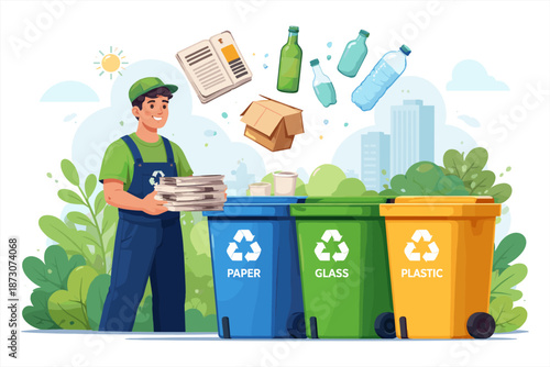 Young male in green uniform sorting recyclables into paper, glass, and plastic bins outdoors