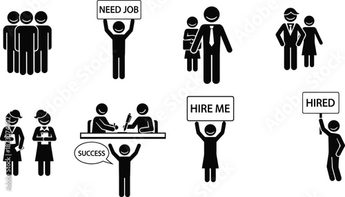 Job search icons, employment process, need job, hire me, hired, success, interview, recruitment, career, workforce, contract signing, vector illustration