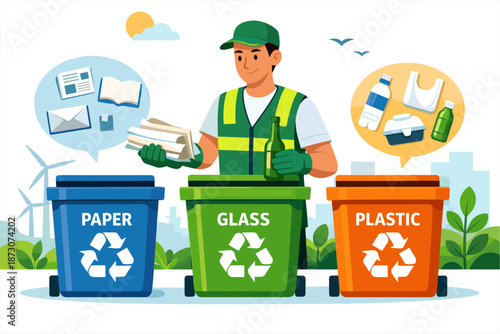 Male recycling worker sorting paper, glass, plastic in eco-friendly environment
