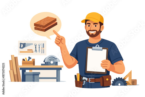Male carpenter holding clipboard in workshop with tools and lumber