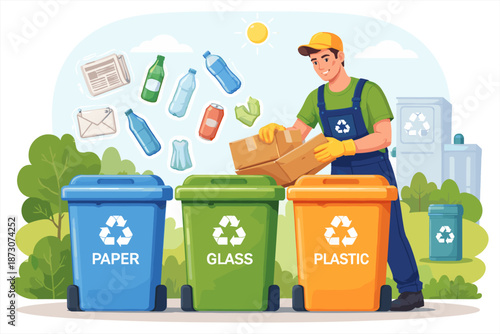 Young caucasian male sorting recycling bins for paper, glass, and plastic outdoors
