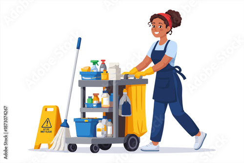 Smiling african female cleaner with cart and supplies on white background