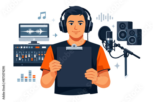 Young asian male music producer with studio equipment and headphones