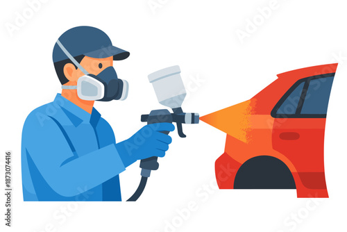Asian male adult spraying red car with paint gun