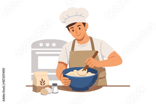 Young caucasian male chef baking in kitchen with mixing bowl and ingredients