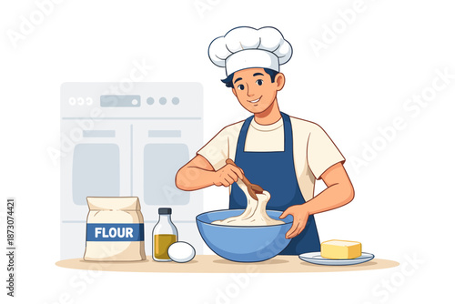 Young hispanic male chef mixing dough in kitchen setting