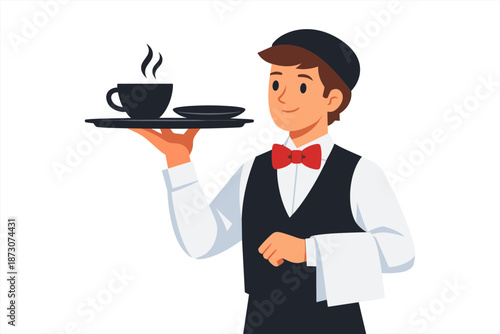 Young caucasian male waiter holding tray with coffee cup in uniform