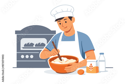 Young male baker mixing ingredients in bowl with oven in background