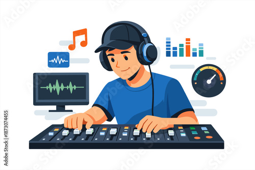 Young male audio engineer mixing sound in studio control room with equipment