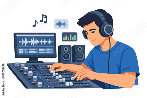 Young asian male audio engineer mixing music in modern studio