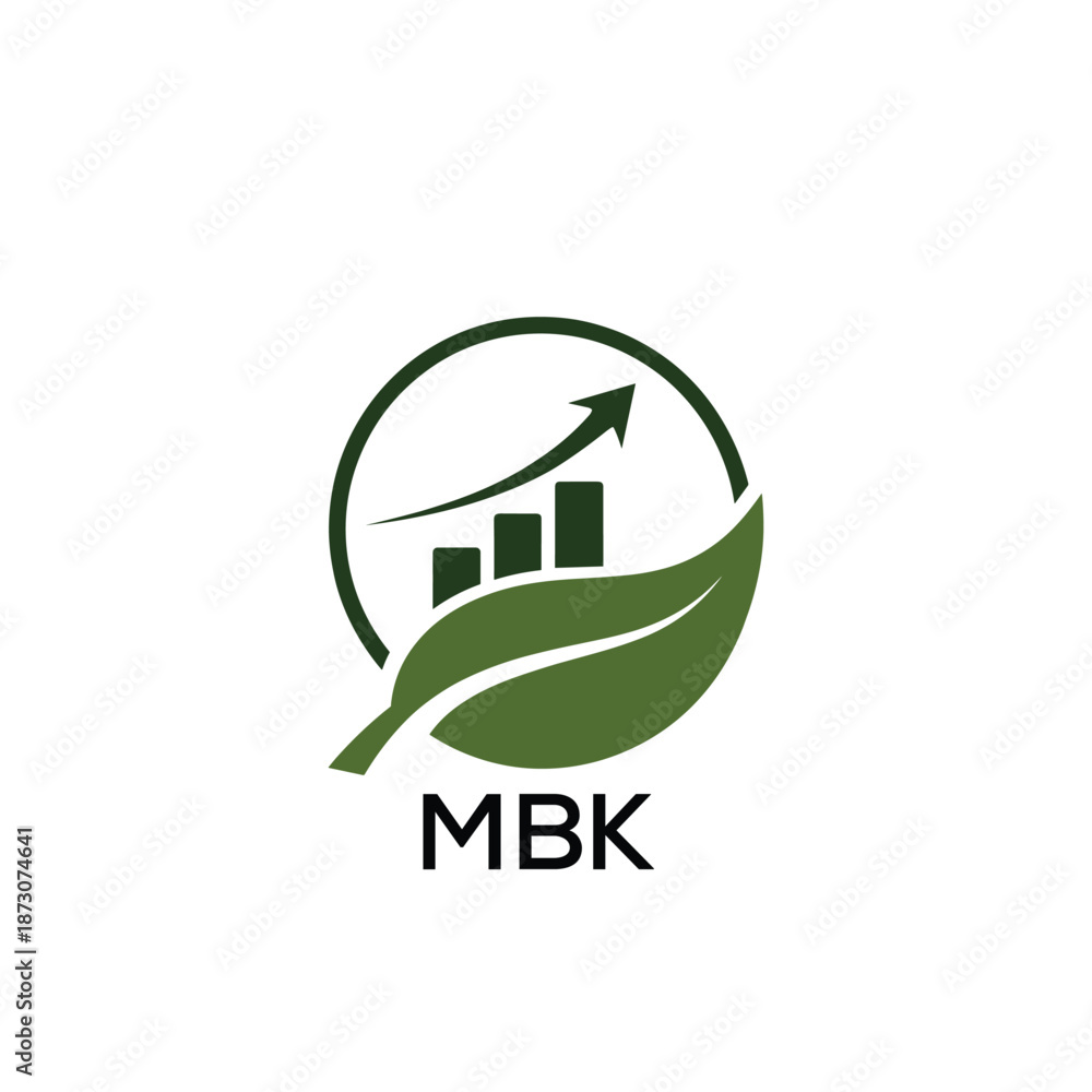 Obraz premium MBK Green Growth Logo with Leaf and Upward Chart. MBK Business, Finance, Investment & Eco. MBK Branding Icon 