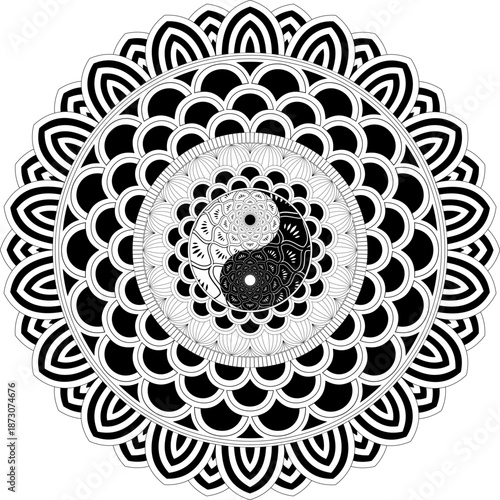 Yin Yang Mandala Coloring Page, Intricate Black and White Circular Zentangle Pattern with Decorative Petal Layers for Adult Mindfulness, Relaxation, Stress Relief and Art Therapy