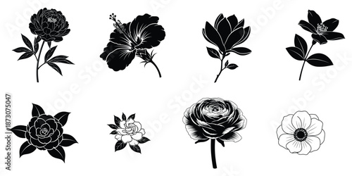 Collection of flower silhouettes in various styles and shapes silhouette