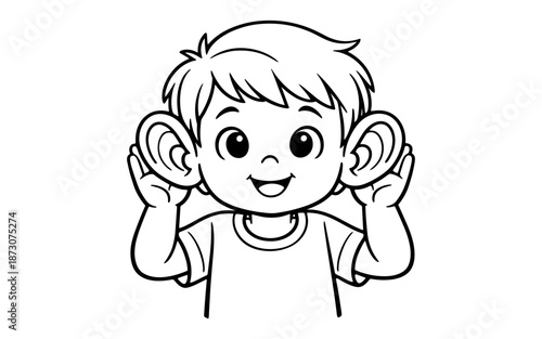 Cute cartoon boy cupping his ears to listen intently to something interesting
